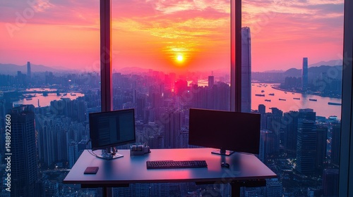 Obraz na płótnie High-rise office view at sunset w salonie
