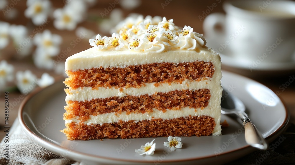 Layered cake slice, iced with white cream, garnished with flowers