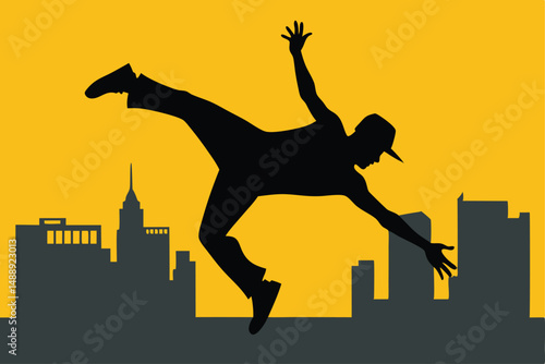 a silhouetted figure performing a dynamic acrobatic pose against a cityscape backdrop, dramatic lighting, high contrast, moody, cinematic, digital art
