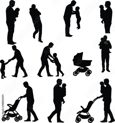 Black silhouette icons depict father, child, and baby figures sharing moments of love and care.