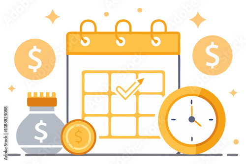 A vector illustration depicting a calendar with a checkmark on a date, surrounded by dollar coins, a money bag, and a clock, representing fixed deposits, pay in installments, financial planning, 