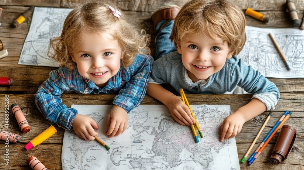 Kids drawing on world map