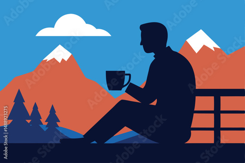 Silhouette illustration of a person traveling in a mountain landscape at sunset, perhaps a businessman with a laptop or a couple enjoying the view