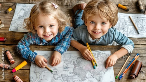 Obraz na płótnie Kids drawing on world map w salonie