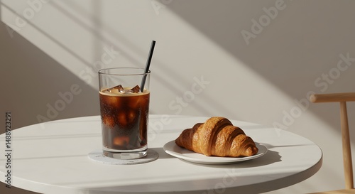 Wallpaper Mural Iced coffee with croissant on modern café table Torontodigital.ca