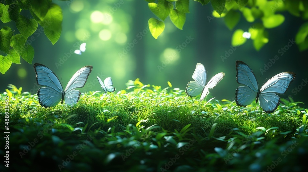 Light-filled forest glade with white butterflies