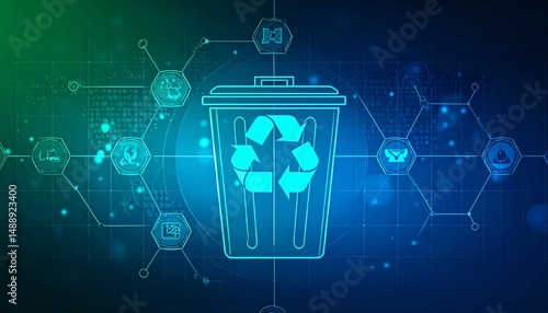Digital illustration of a recycling bin symbol on a futuristic background with technology elements and environmental icons
