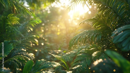 Obraz na płótnie Lush jungle foliage, sunlight filters through w salonie