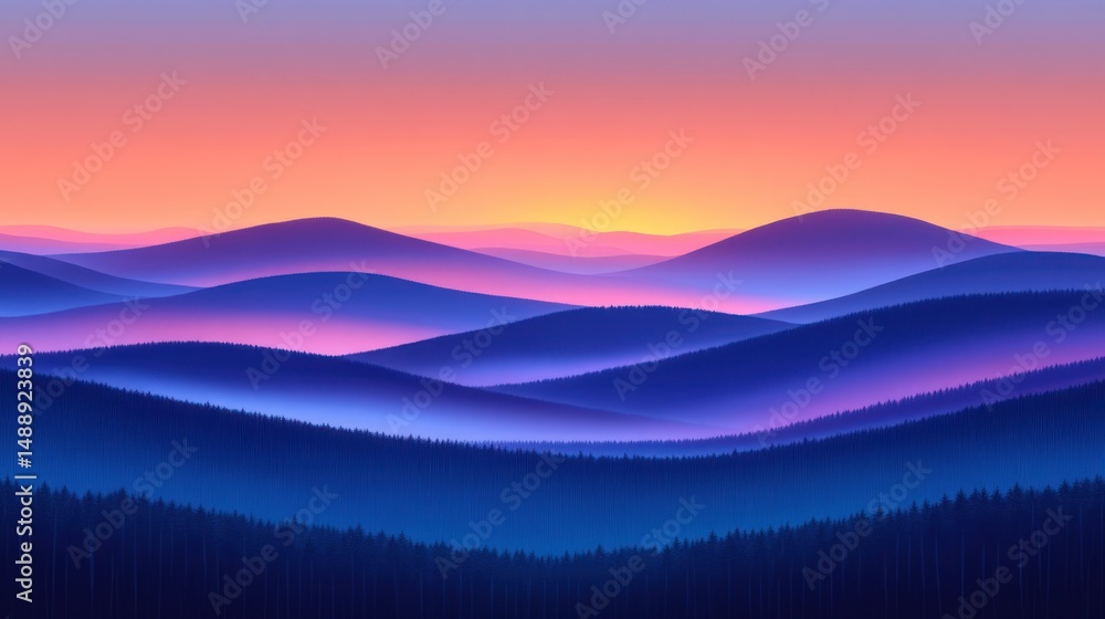 Misty mountain range at sunrise. Vibrant colors blend in a tranquil landscape