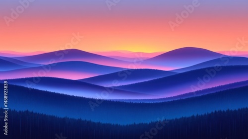 Obraz na płótnie Misty mountain range at sunrise. Vibrant colors blend in a tranquil landscape w salonie