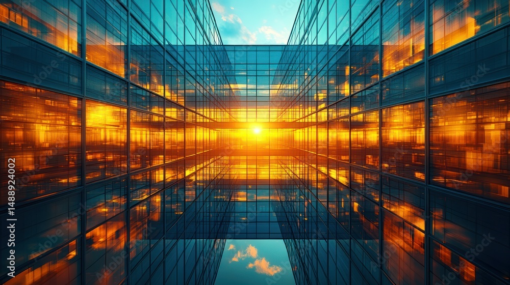 Modern glass building, sunlit perspective