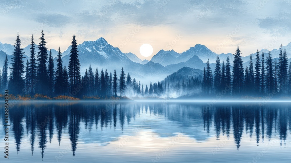Misty mountain lake at dawn