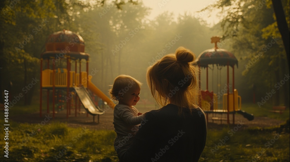 Mother and baby in park at dawn