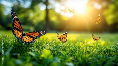 Obraz na płótnie Monarch butterflies flit through a grassy meadow bathed in sunlight w salonie