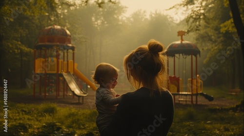 Mother and baby in park at dawn