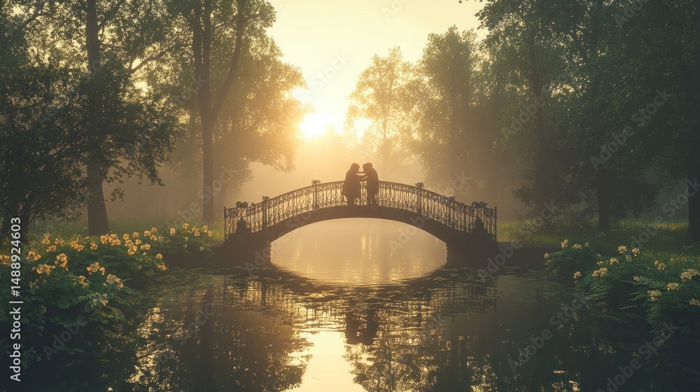 Misty park, lovers on arched bridge, sunrise