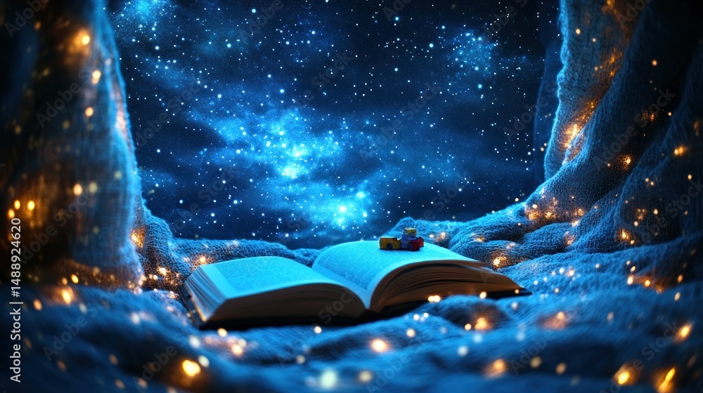 Open book nestled in fabric, starry night