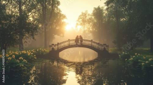Obraz na płótnie Misty park, lovers on arched bridge, sunrise w salonie