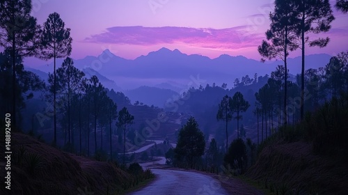 Mountain road at dawn, purple hues