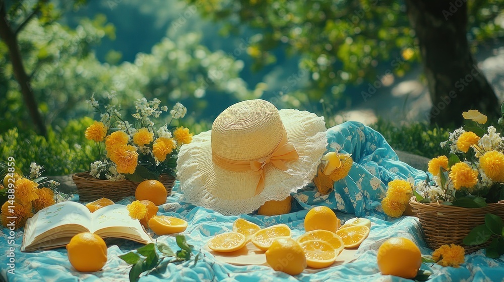 Outdoor picnic with oranges, hat, and flowers