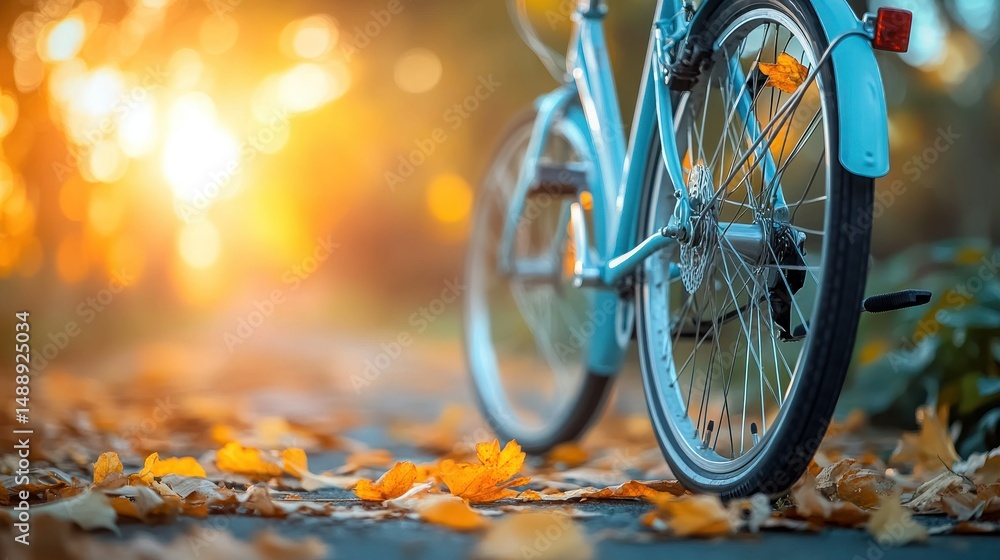 Pastel blue bike in autumn leaves