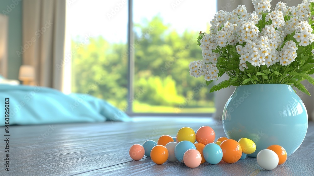 Pastel Easter eggs and flowers in a bedroom