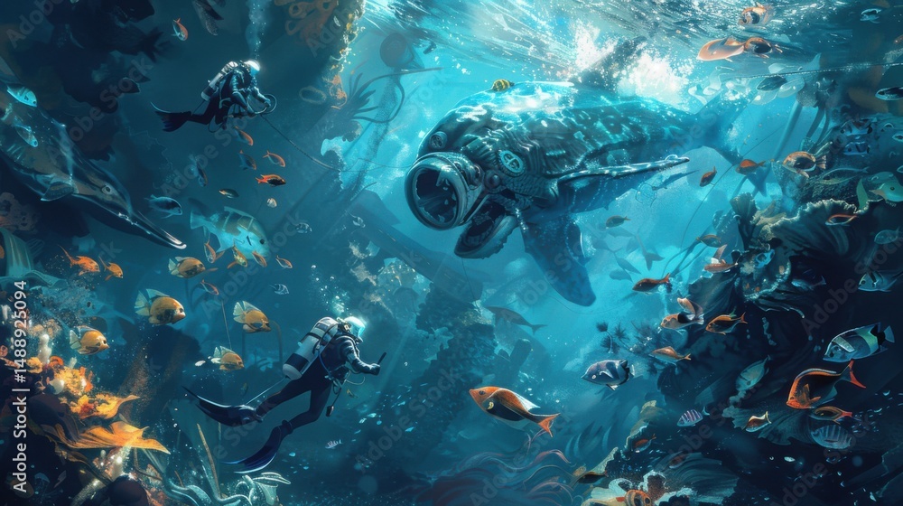 Fototapeta premium Underwater scene featuring divers, a mechanical whale, and numerous colorful fish swimming around