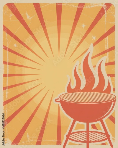 Retro-styled barbecue grill with sunburst rays.