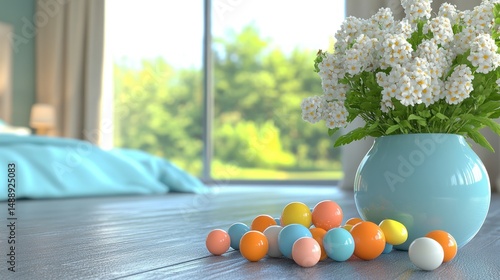 Obraz na płótnie Pastel Easter eggs and flowers in a bedroom w salonie