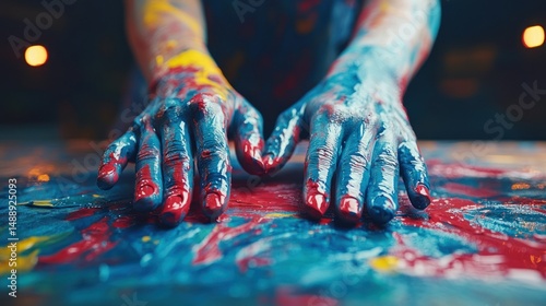 Obraz na płótnie Painted hands resting on colorful canvas w salonie