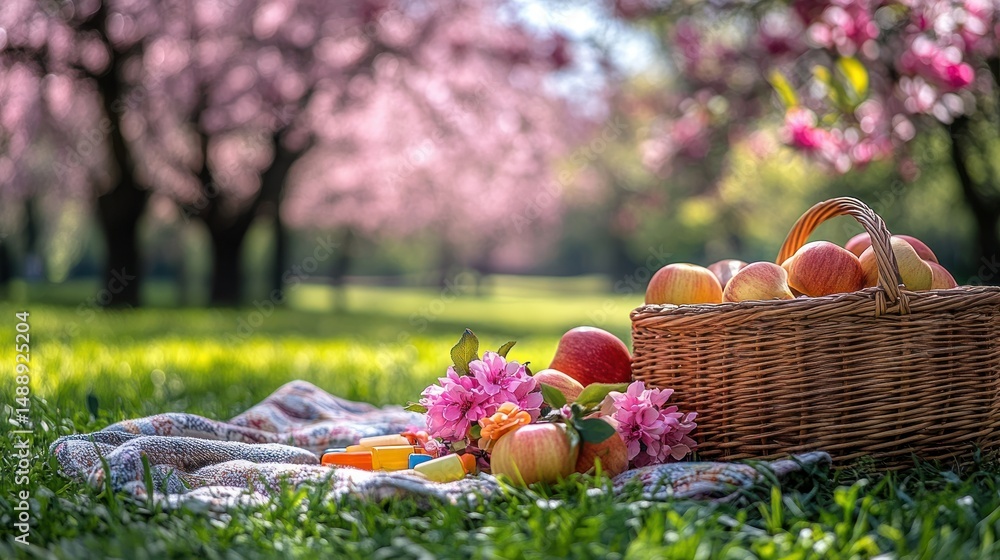 Picnic basket with apples under blossoming trees