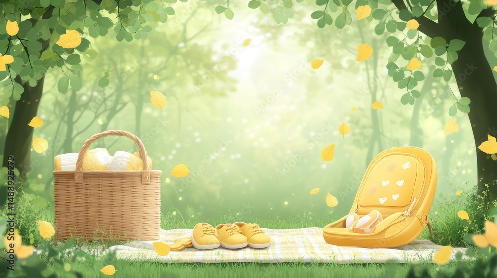 Picnic basket, shoes, backpack in a spring forest
