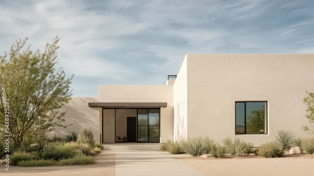 Fototapeta premium Sleek Modern Farmhouse Exterior with White Stucco Walls