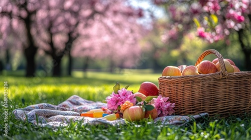 Obraz na płótnie Picnic basket with apples under blossoming trees w salonie