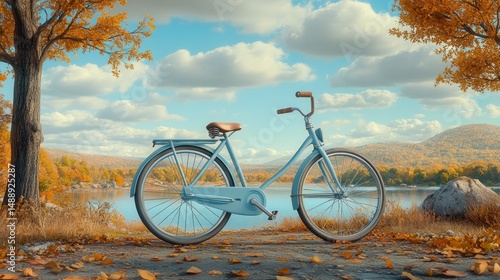 Pastel bike by a lake in autumn