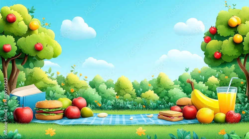 Picnic in a lush park. Colorful fruits, food, and books on a blanket