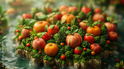 Creative arrangement of fruits and vegetables forming a lush, miniature landscape, emphasizing food safety, nutrition, and sustainable agriculture for a healthier planet.  
