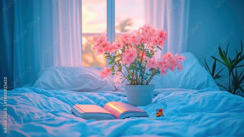 Pink azalea plant on bed, soft light