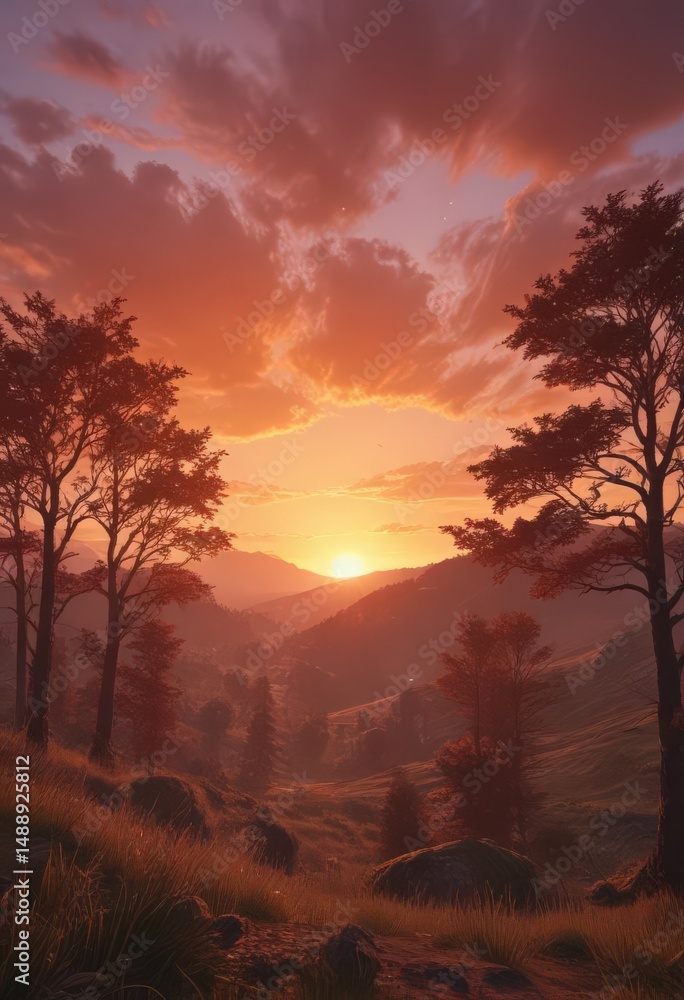 Fototapeta premium Vibrant sunset paints sky above tranquil valley, distant trees silhouetted against fiery hues, twilight, sunset