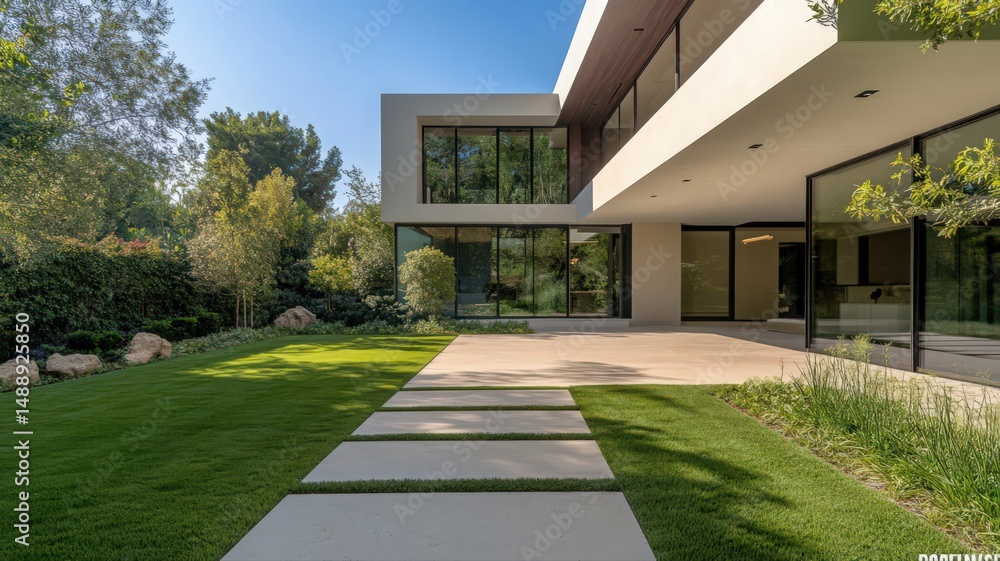 Sleek Modern House Exterior with Glass Walls and Lush Garden Sleek Modern House Exterior with Glass Walls and Lush Garden
