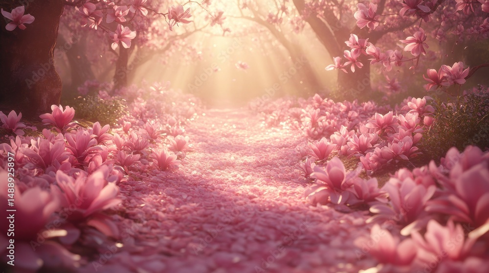 Pink magnolia blossoms carpet a sunlit path