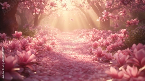 Obraz na płótnie Pink magnolia blossoms carpet a sunlit path w salonie