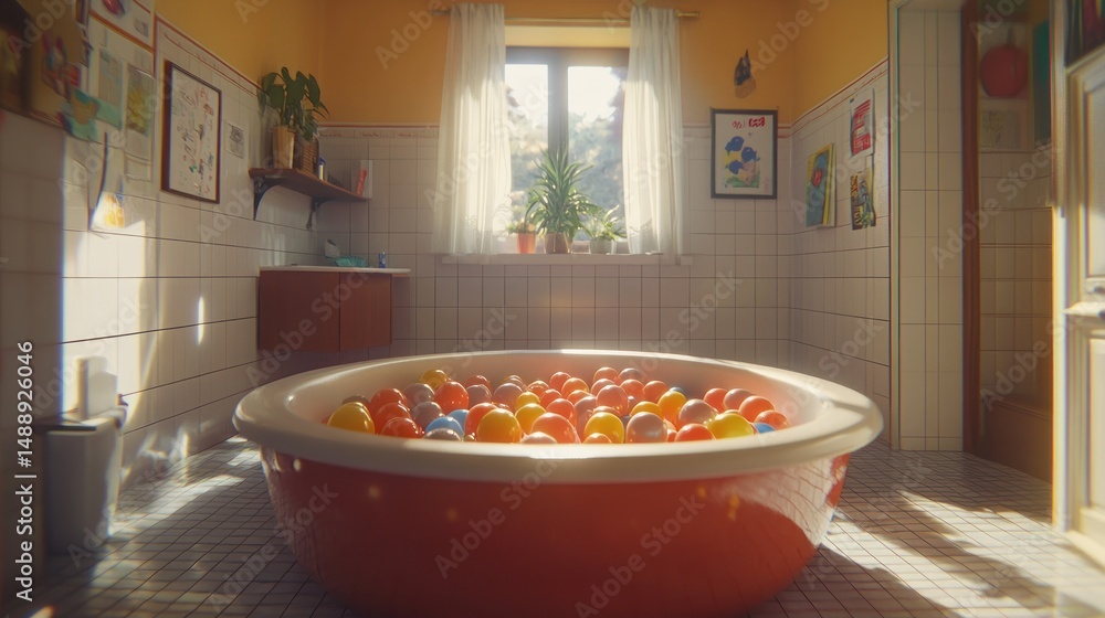 Playful bathroom, sunlit, colorful