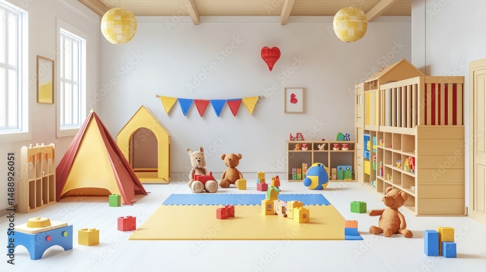 Playful kid's room filled with toys and colorful decorations