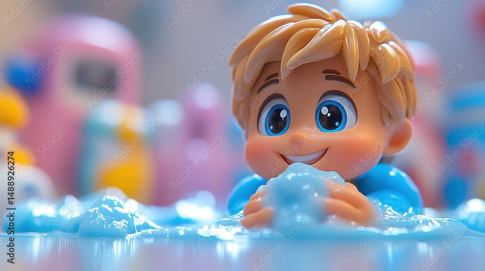 Playful child figurine in soapy water