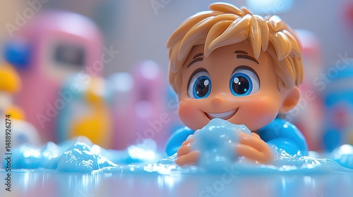 Obraz na płótnie Playful child figurine in soapy water w salonie