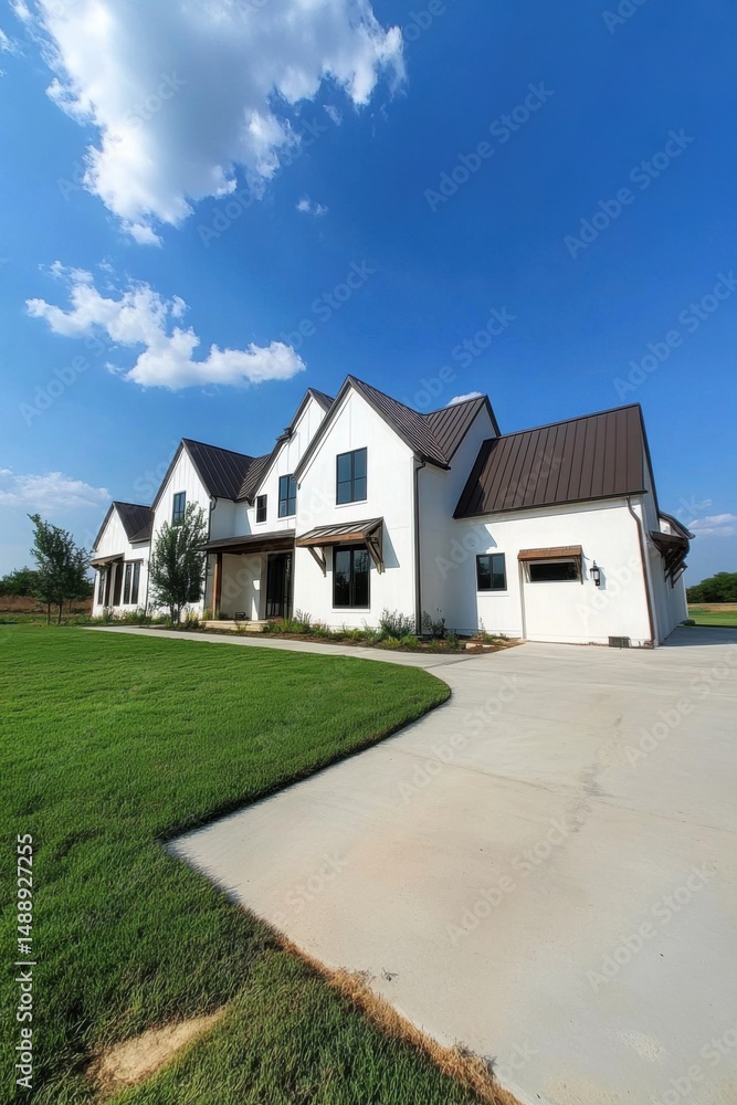 A charming modern farmhouse is nestled beneath a vibrant blue sky, surrounded by a lush, green lawn that enhances its tranquil rural setting A charming modern farmhouse is nestled beneath a vibrant blue sky, surrounded by a lush, green lawn that enhances its tranquil rural setting