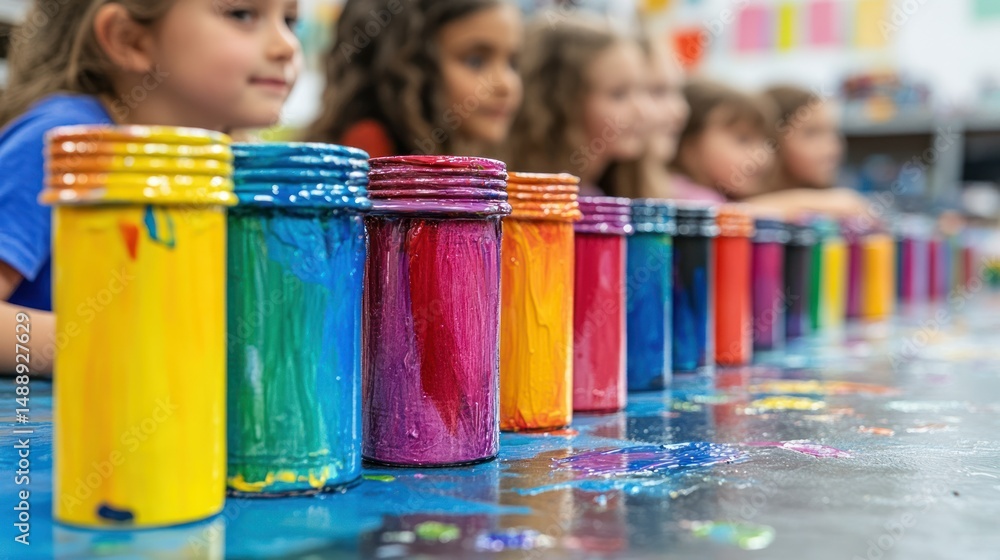 Row of colorful paint containers, children watching