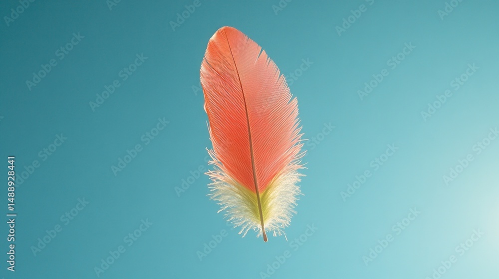 Single coral-pink feather against pale turquoise background