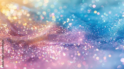 Abstract glitter background with bokeh lights in shades of pink blue and gold creating a dreamy effect